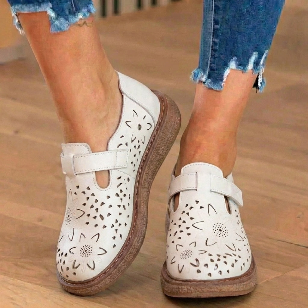 Orthopedic Leather Perforated Mary Janes - Floral Cutout T-Strap