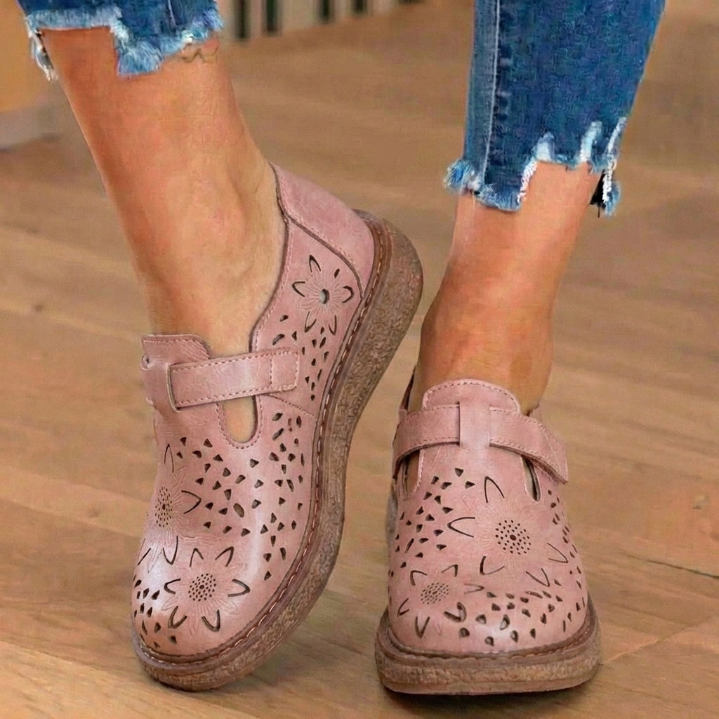 Orthopedic Leather Perforated Mary Janes - Floral Cutout T-Strap