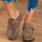 Orthopedic Suede Buckle Mules - Contrast Stitch Detail