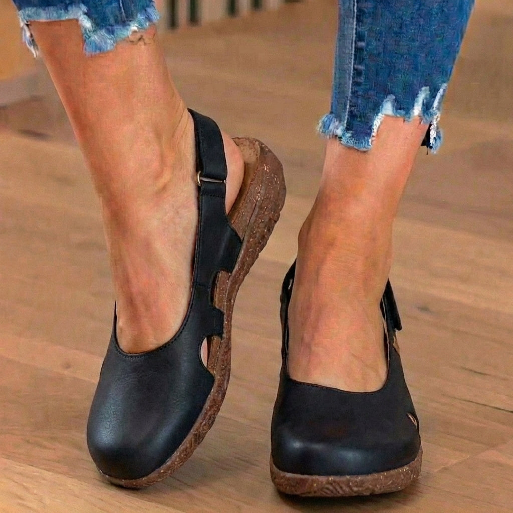 Orthopedic Leather Peep-Toe Flats - Side Cutout Detail