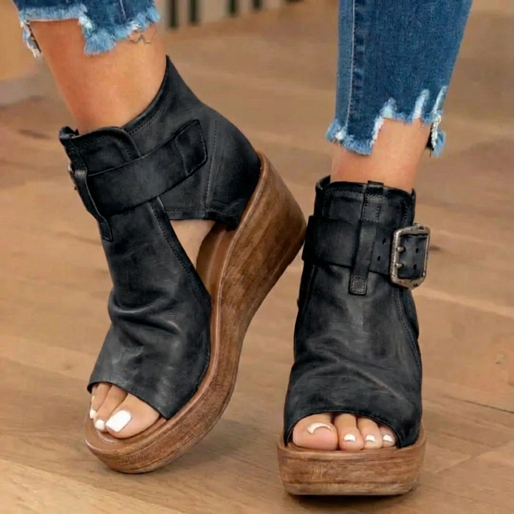 Orthopedic Leather Platform Sandals - Double Buckle Ankle Strap