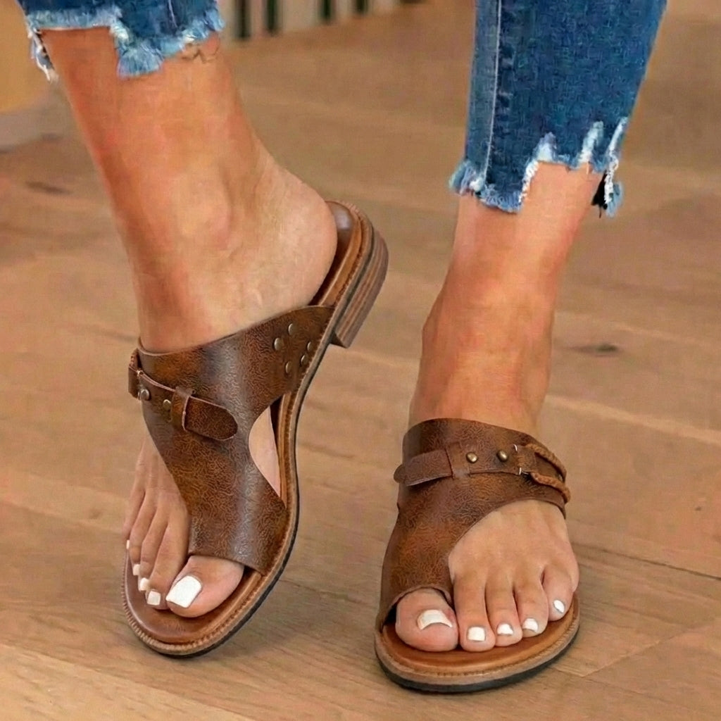 Orthopedic Leather Toe-Loop Sandals - Buckle Accent Cork Footbed