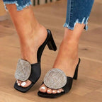 Orthopedic Raffia Block Heel Mules - Crystal Circle & Square Embellishment