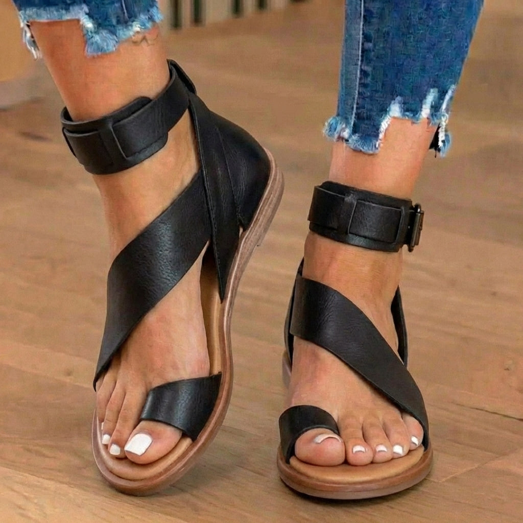 Orthopedic Suede Ankle-Wrap Gladiator Sandals - Wide Buckle Strap