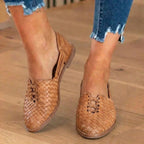 Orthopedic Leather Woven Slip-On Flats - Basketweave Cutout Detail