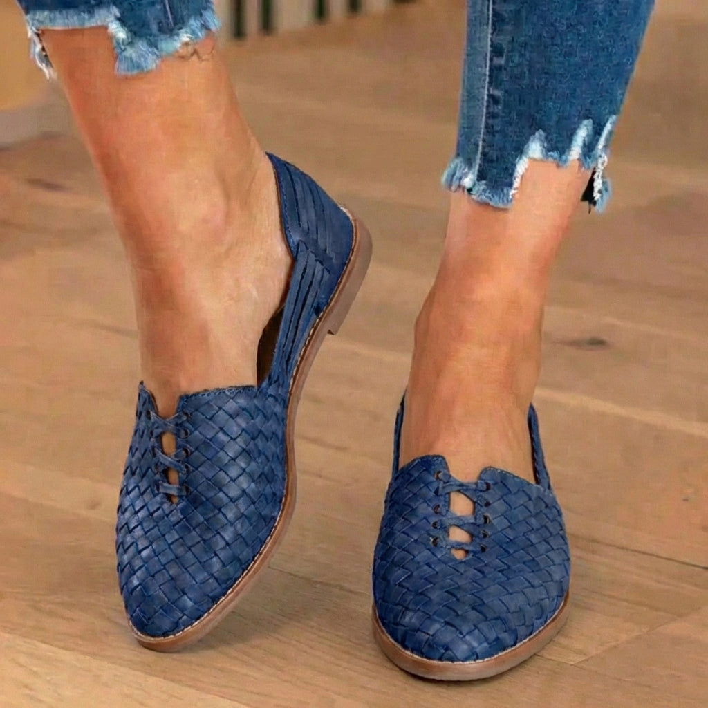 Orthopedic Leather Woven Slip-On Flats - Basketweave Cutout Detail