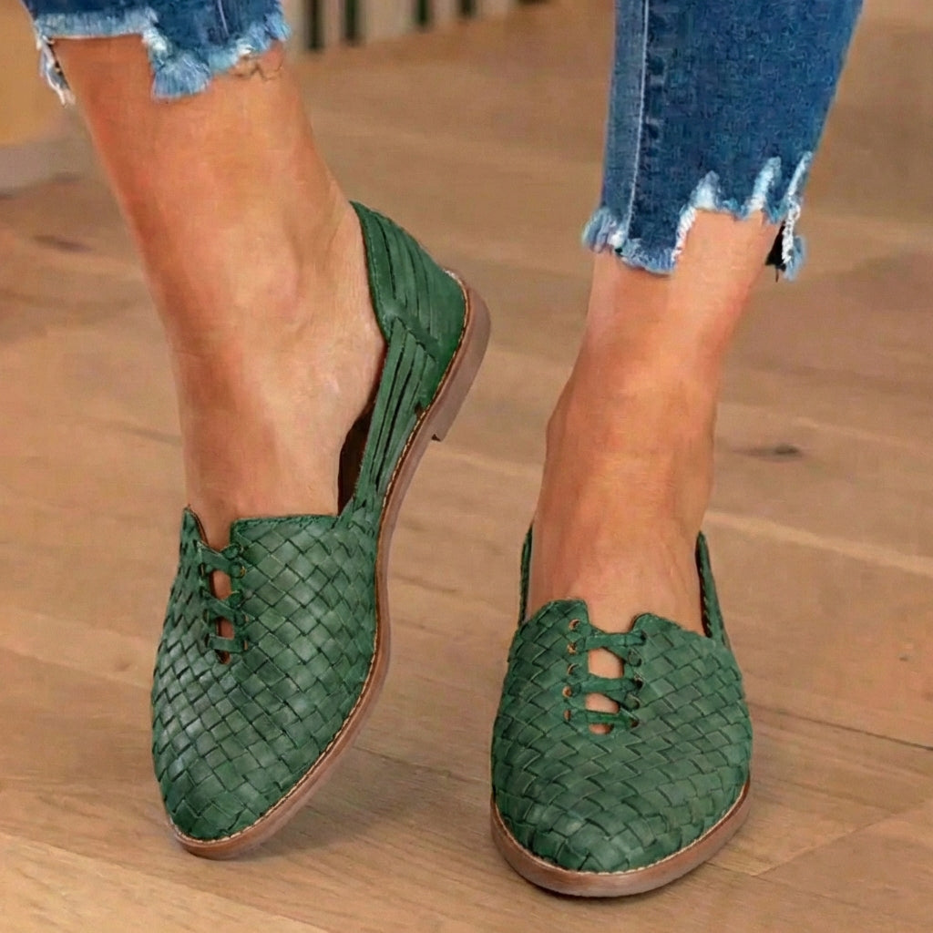 Orthopedic Leather Woven Slip-On Flats - Basketweave Cutout Detail