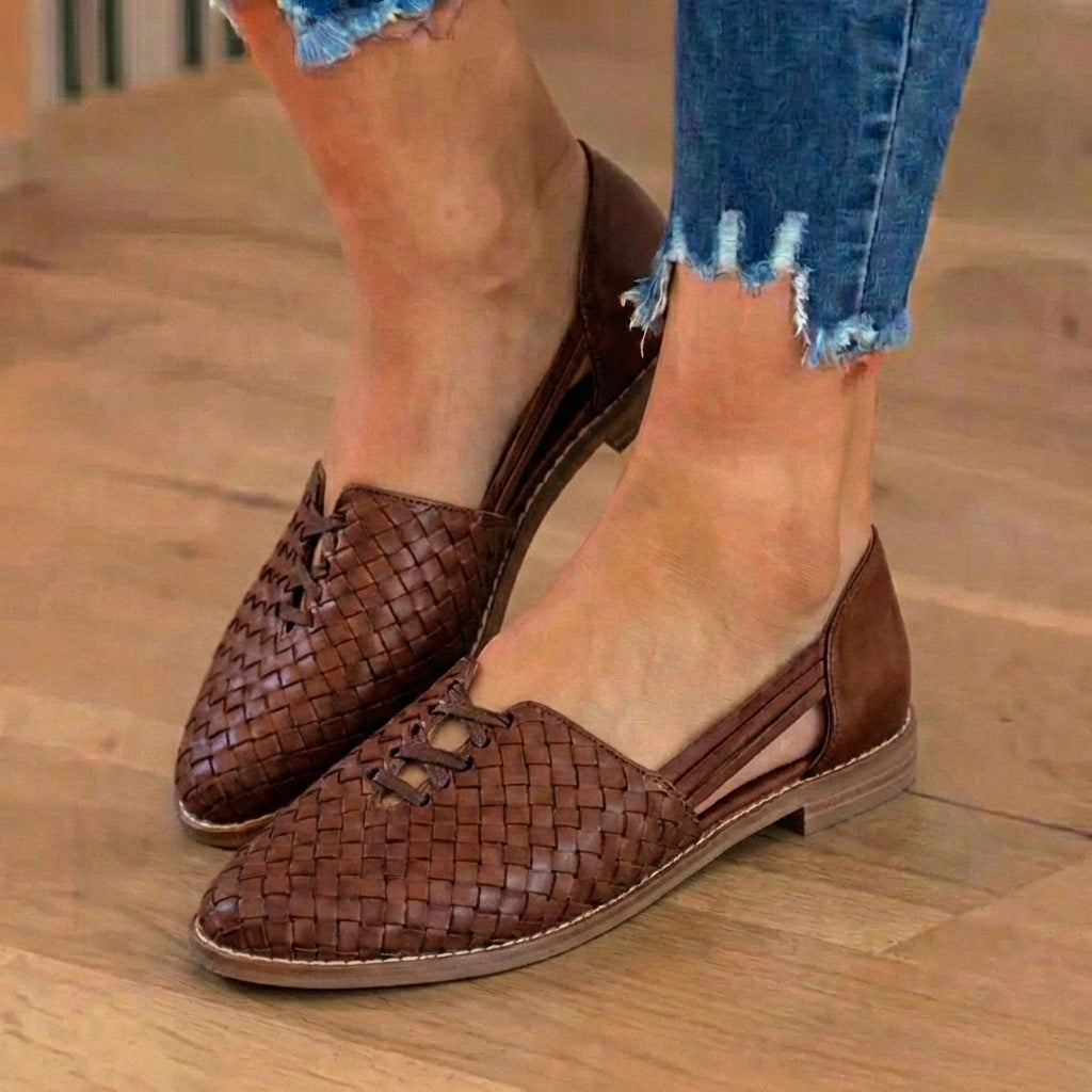 Orthopedic Leather Woven Slip-On Flats - Basketweave Cutout Detail