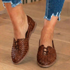 Orthopedic Leather Woven Slip-On Flats - Basketweave Cutout Detail