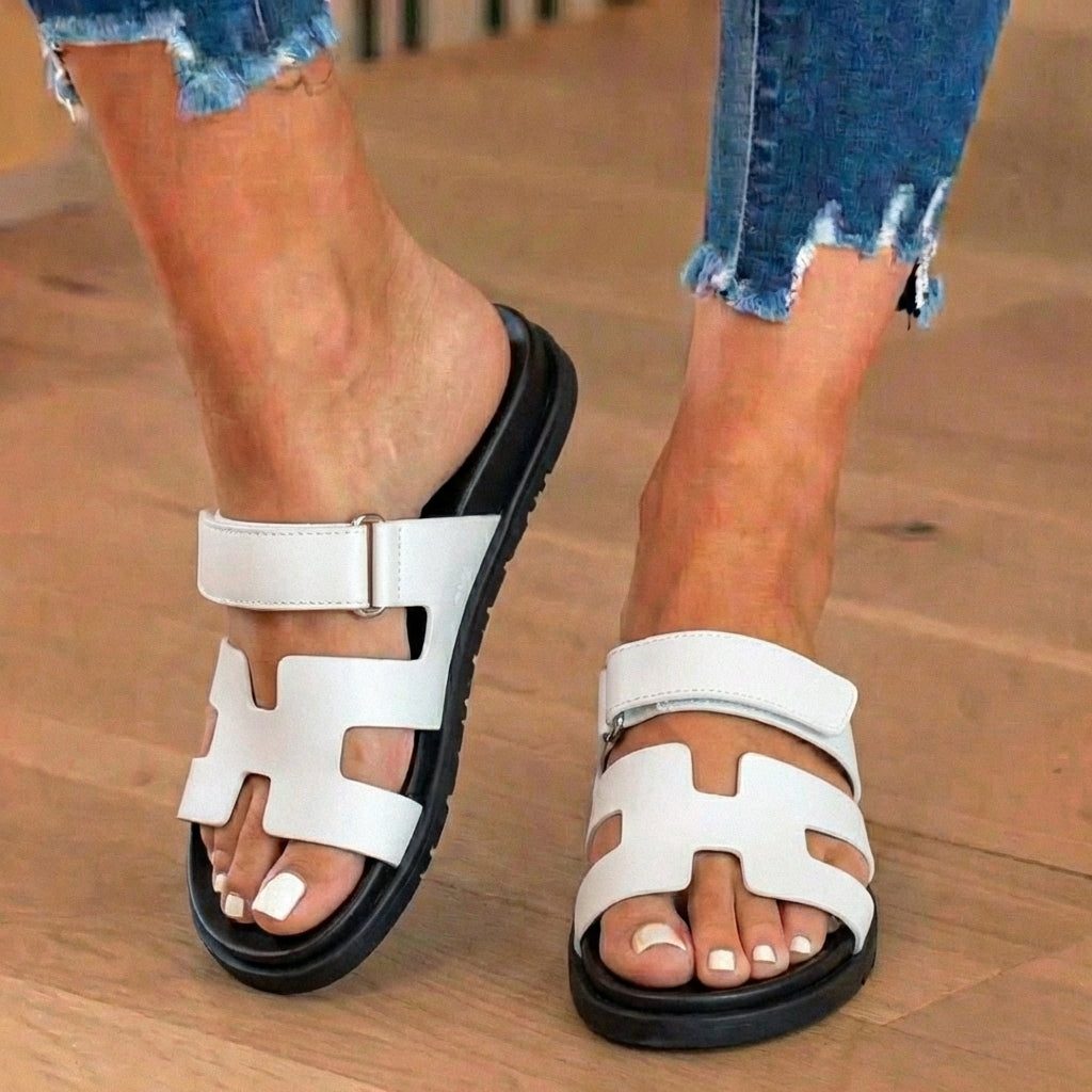 Orthopedic Leather H-Strap Slide Sandals - Adjustable Buckle Closure
