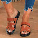 Orthopedic Leather H-Strap Slide Sandals - Adjustable Buckle Closure