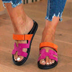 Orthopedic Leather H-Strap Slide Sandals - Adjustable Buckle Closure