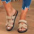 Orthopedic Leather H-Strap Slide Sandals - Adjustable Buckle Closure