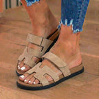 Orthopedic Leather H-Strap Slide Sandals - Adjustable Buckle Closure