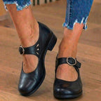 Orthopedic Suede Mary Jane Block Heels - Ring Buckle & Cutout Detail