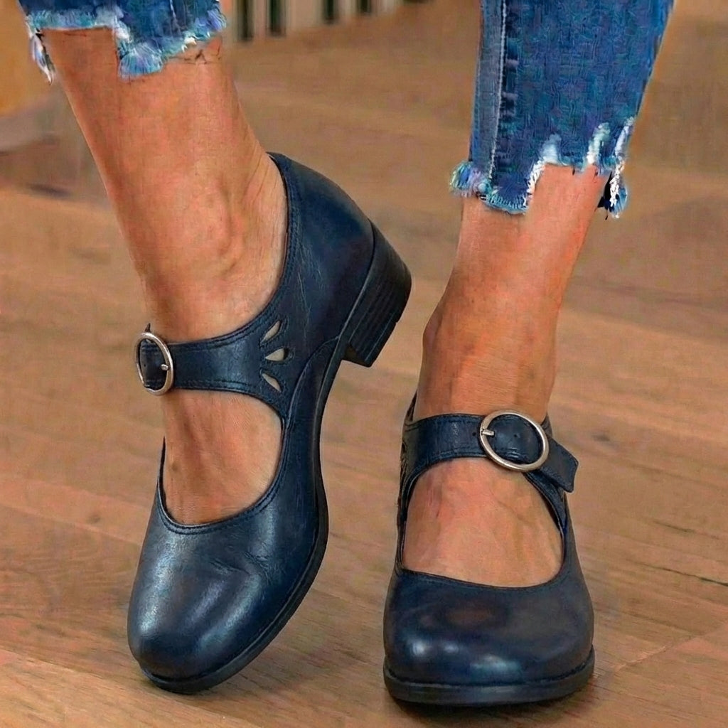 Orthopedic Suede Mary Jane Block Heels - Ring Buckle & Cutout Detail