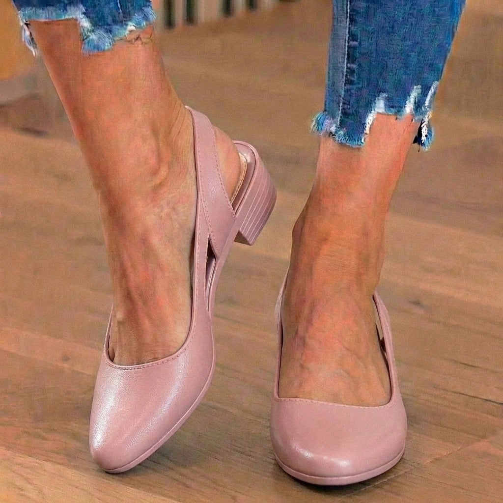 Orthopedic Leather V-Cut Block Heel Pumps - Topstitch Detail