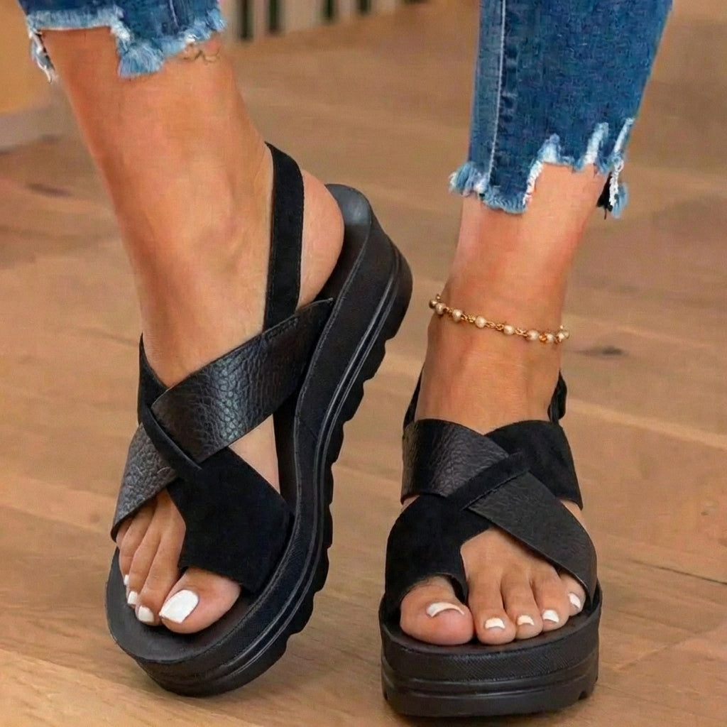 Orthopedic Platform Wedge Sandals - Metallic & Suede