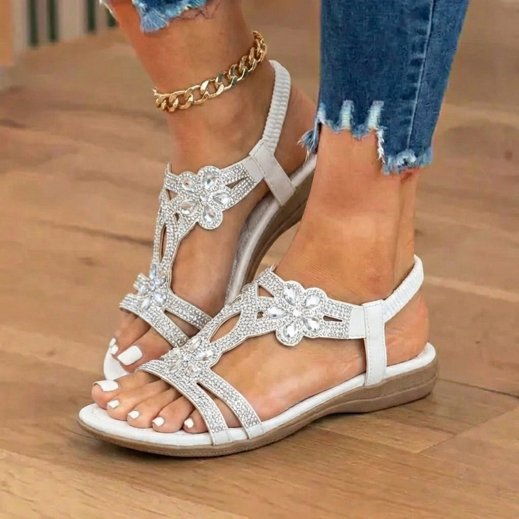 Orthopedic Embellished Wedge Sandals - Rhinestone Floral & Elastic Slingback