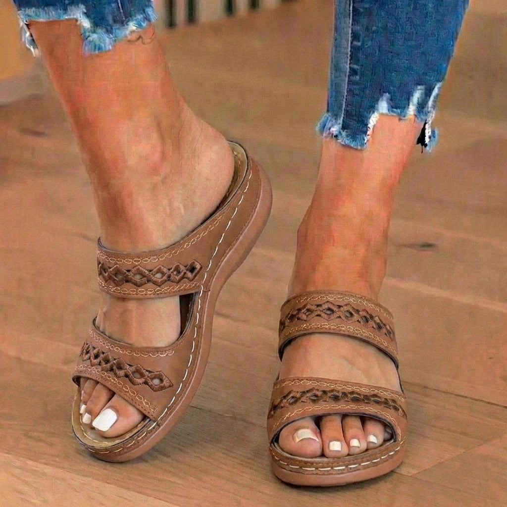 Orthopedic Leather Braided Slide Sandals - Triple Strap Woven Detail
