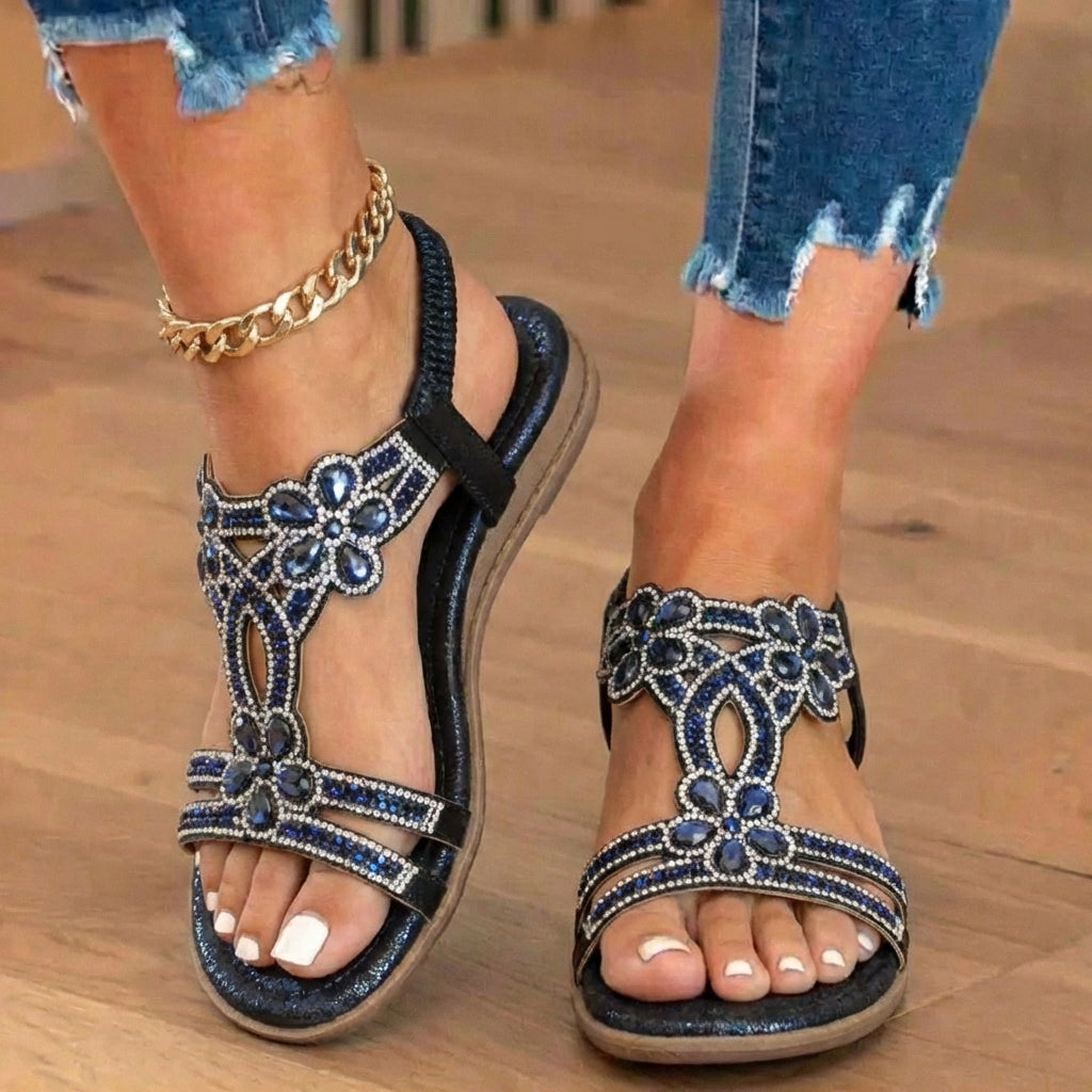 Orthopedic Embellished Wedge Sandals - Rhinestone Floral & Elastic Slingback