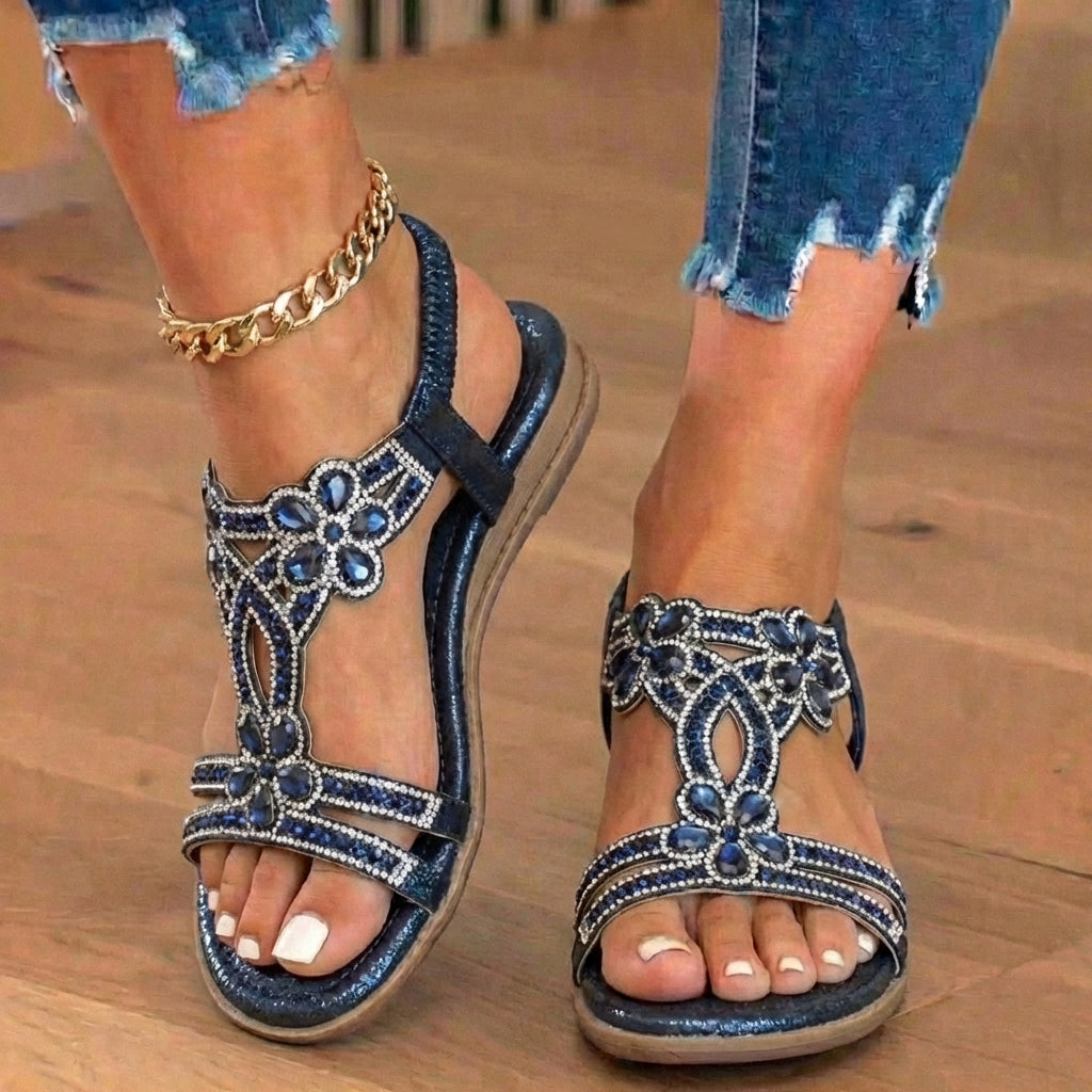 Orthopedic Embellished Wedge Sandals - Rhinestone Floral & Elastic Slingback