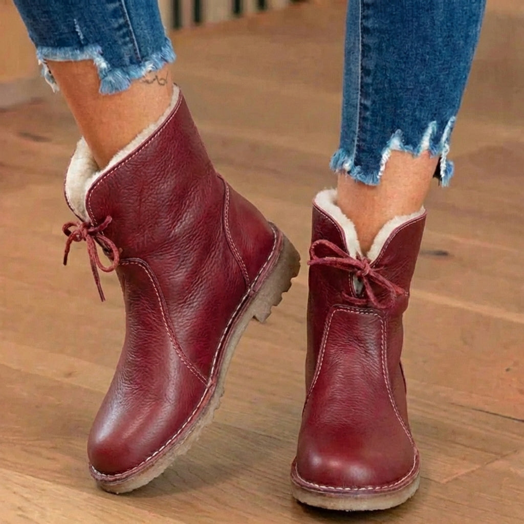 Orthopedic Leather Sherpa-Lined Ankle Boots - Lace-Up Winter Design