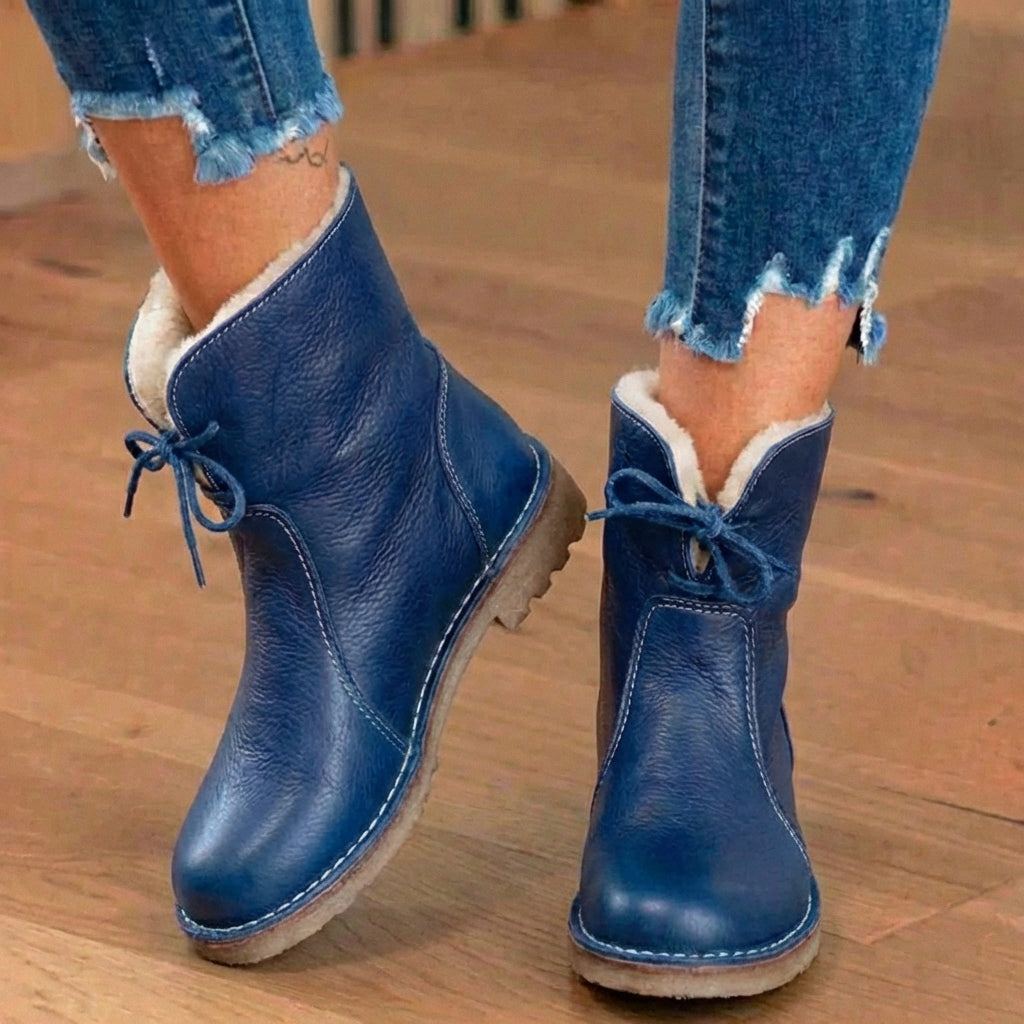 Orthopedic Leather Sherpa-Lined Ankle Boots - Lace-Up Winter Design