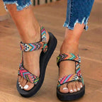 Orthopedic Tribal Print Platform Sandals - Adjustable Tie Straps