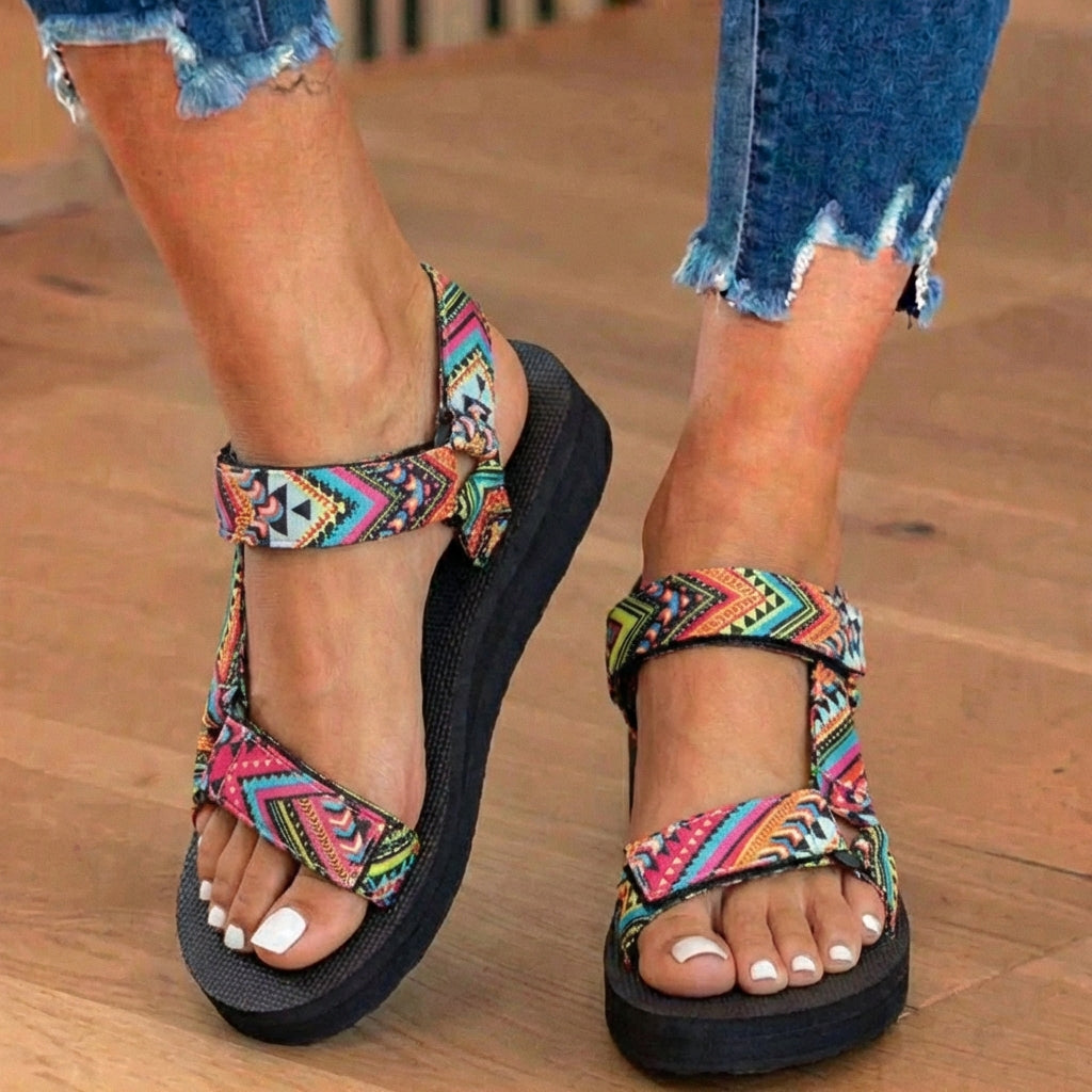 Orthopedic Tribal Print Platform Sandals - Adjustable Tie Straps
