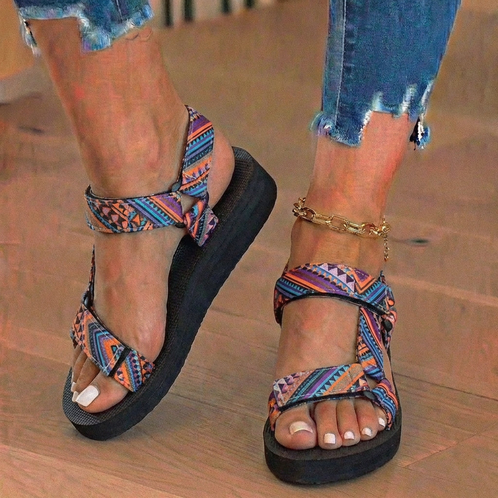 Orthopedic Tribal Print Platform Sandals - Adjustable Tie Straps
