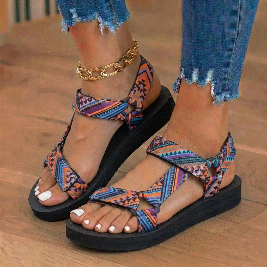 Orthopedic Tribal Print Platform Sandals - Adjustable Tie Straps
