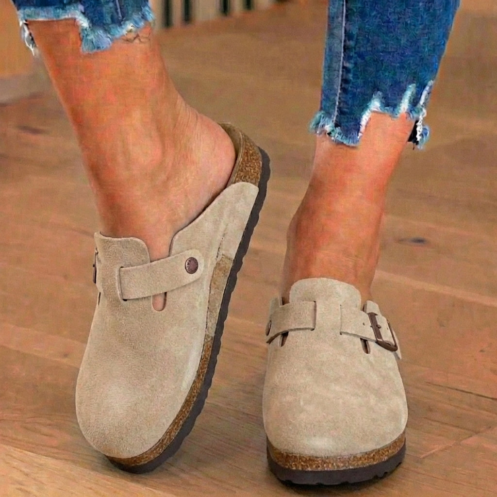 Orthopedic Suede Cork Footbed Clogs - Single Buckle Detail