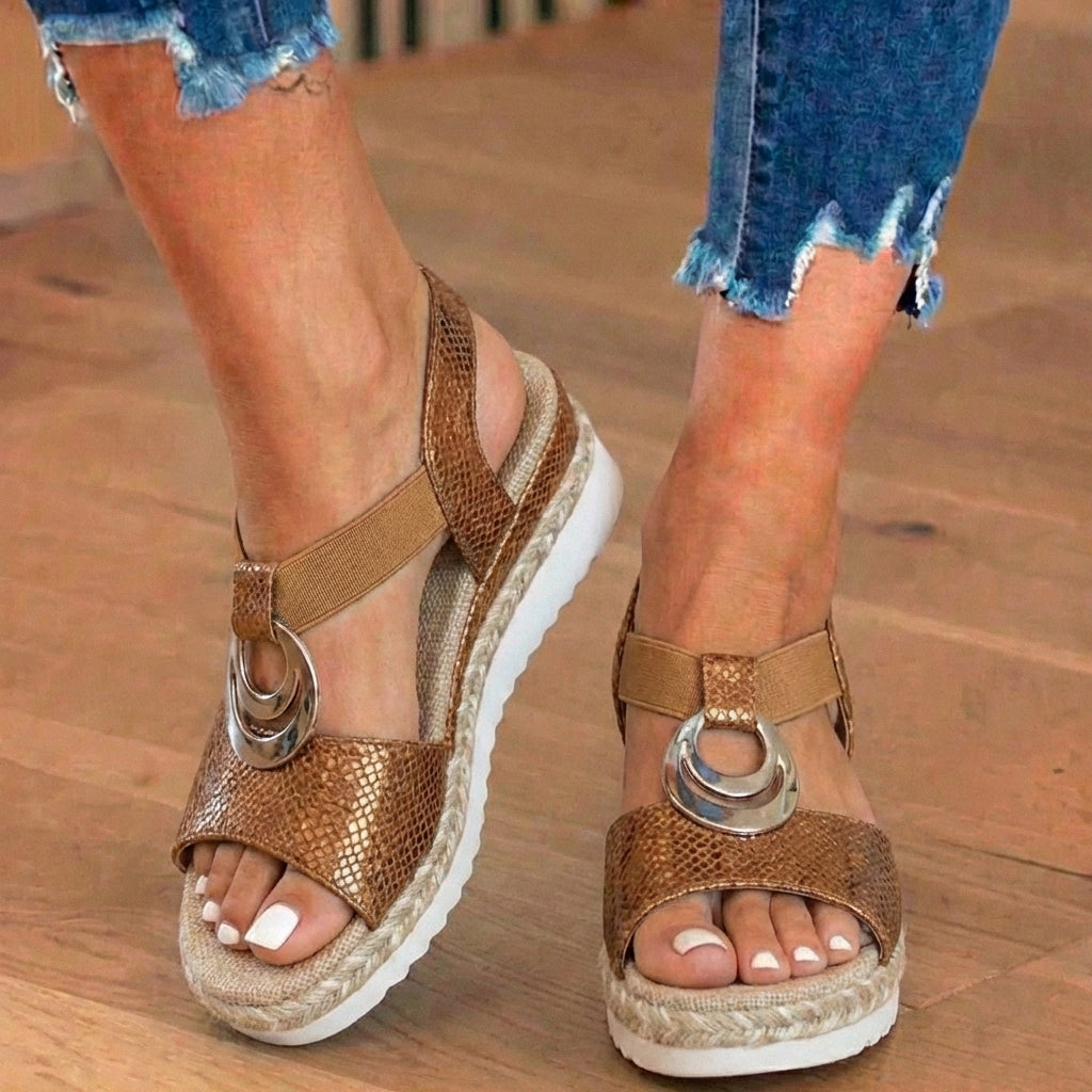Orthopedic Textured Espadrille Platform Sandals - Triple Ring Hardware Detail