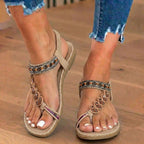 Orthopedic Leather Beaded Toe-Ring Sandals - Floral Embellishment & Hand-Stitched Detail