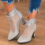 Orthopedic Mesh Rhinestone Ankle Booties - Sheer Panel & Block Heel