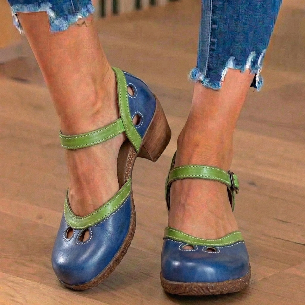 Orthopedic Leather Color-Block Mary Janes - Cutout Pattern & Dual-Buckle