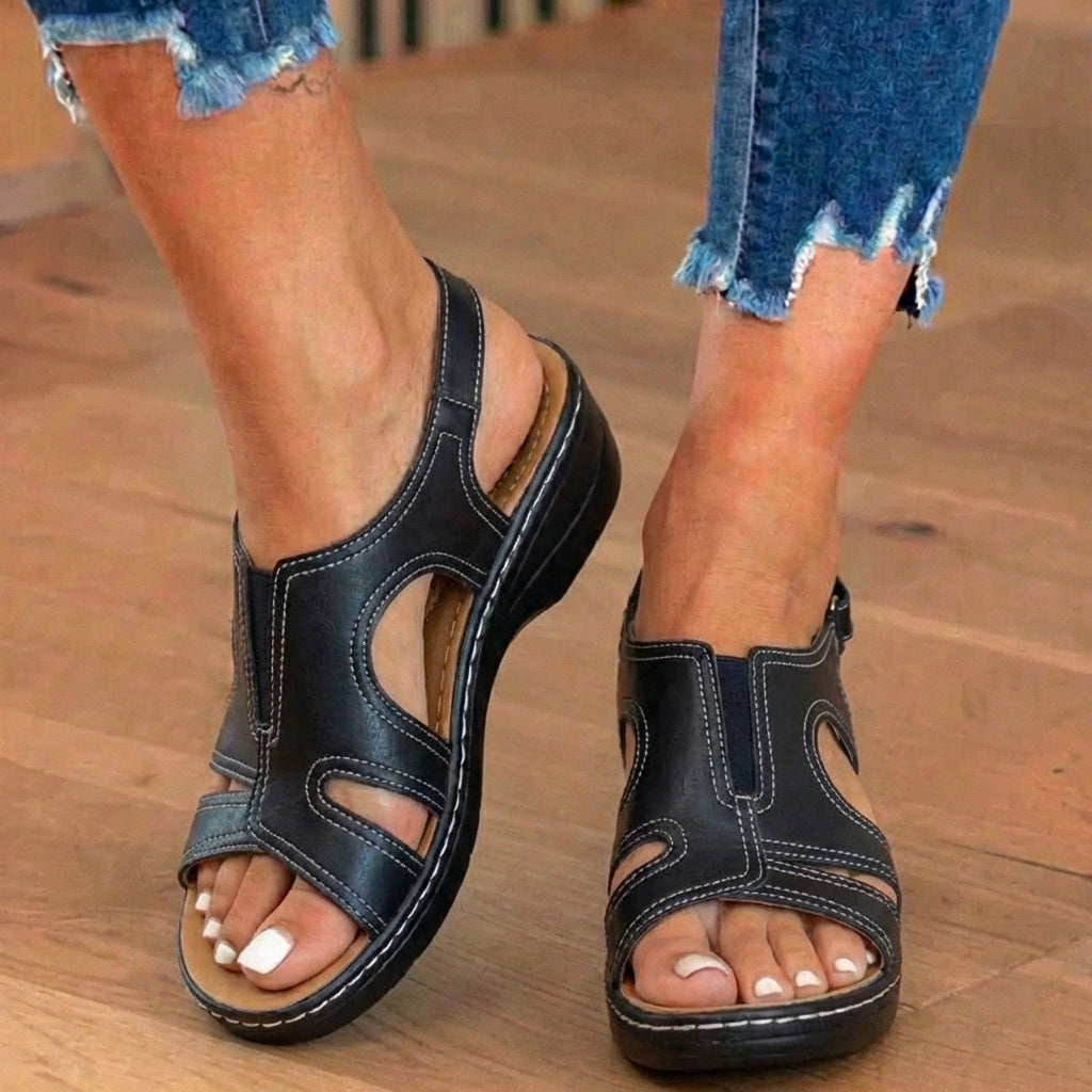 Orthopedic Leather Wave Cutout Sandals - Curved Contour Design