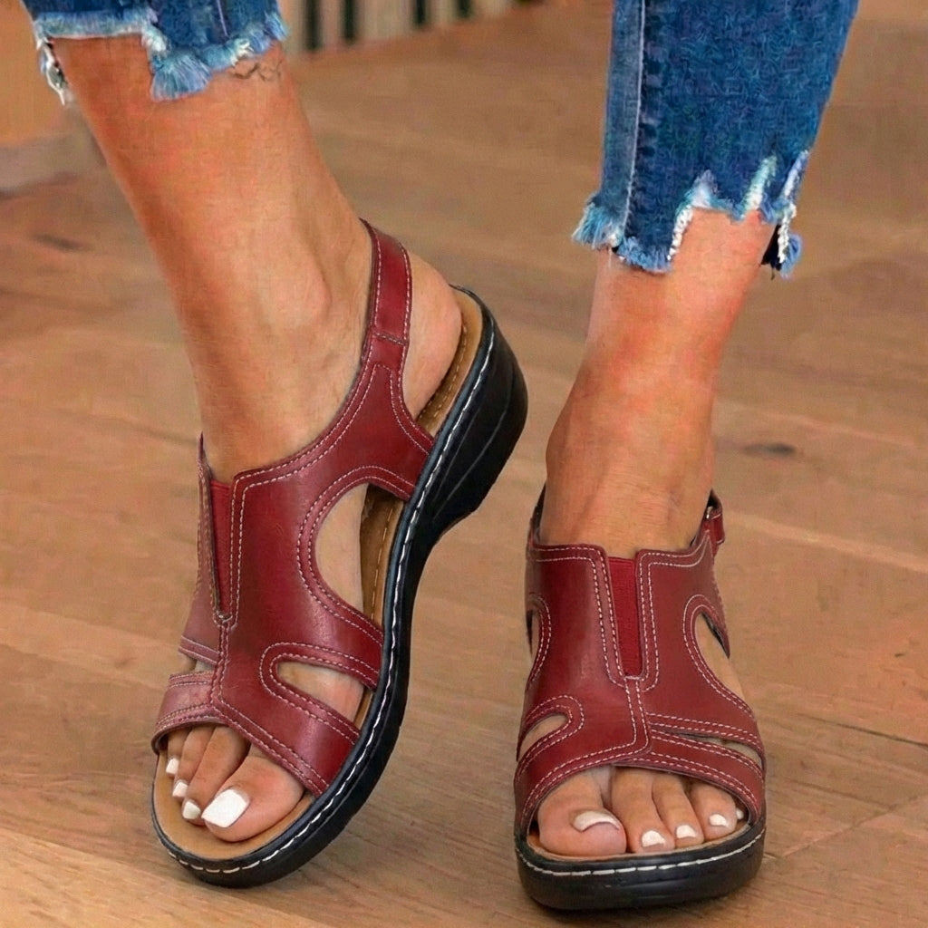 Orthopedic Leather Wave Cutout Sandals - Curved Contour Design