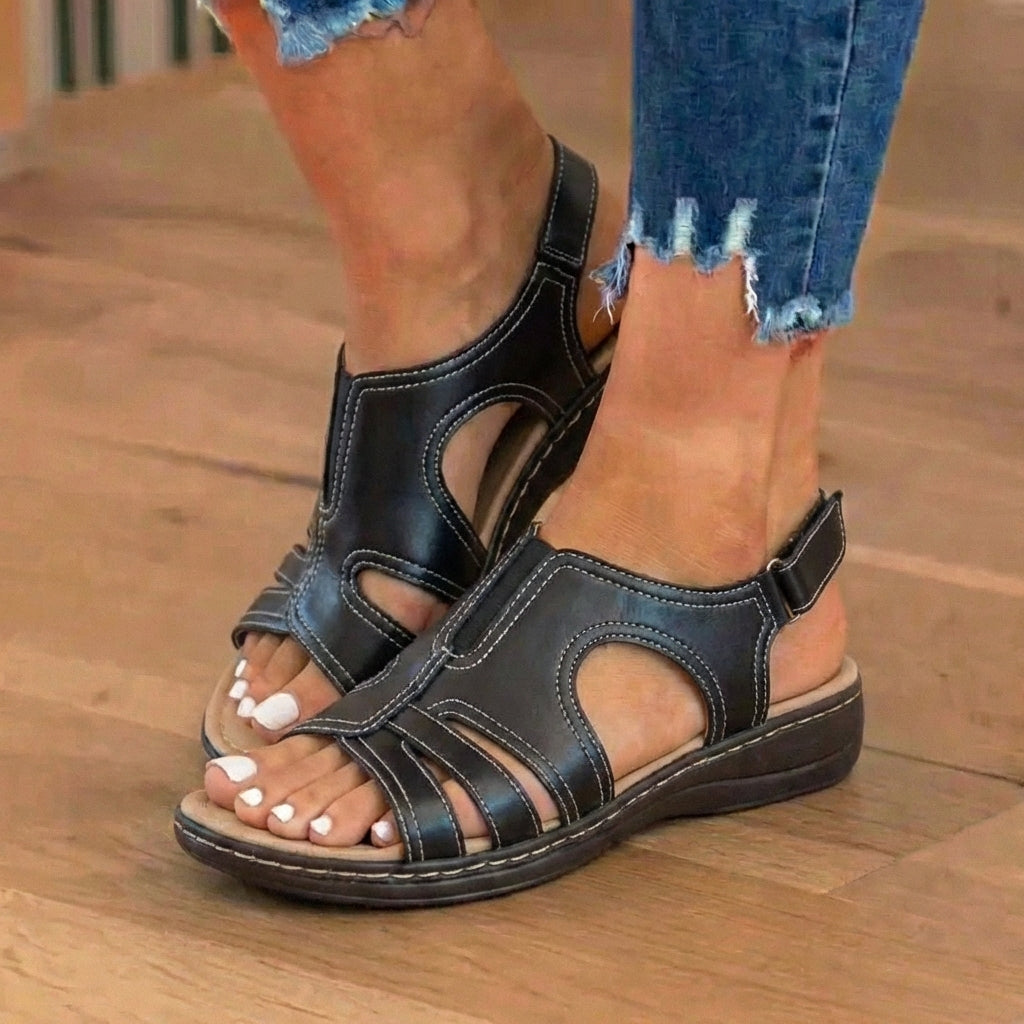Orthopedic Leather Wave Cutout Sandals - Curved Contour Design