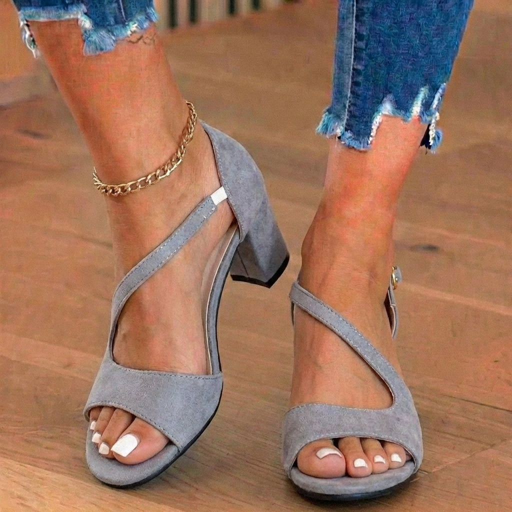 Orthopedic Suede Block Heel Sandals - Metallic Beaded Ankle Strap