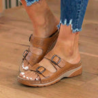 Orthopedic Leather Platform Slide Sandals - Double Buckle Perforated Design