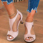 Orthopedic Linen Block Heel Sandals - T-Strap Peep-Toe Desig