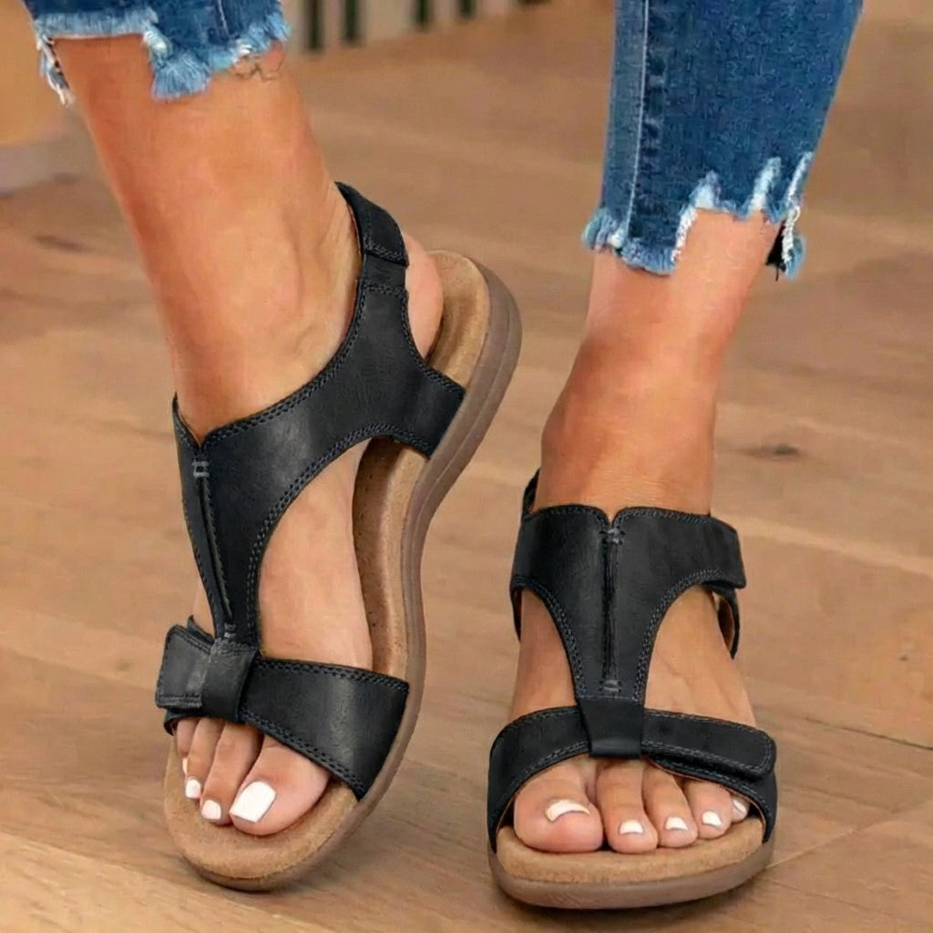 Orthopedic Leather Ankle-Strap Sandals - Contoured T-Bar Cork Footbed