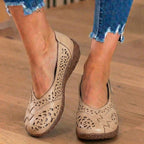 Orthopedic Leather Slingback Wedges - Perforated Floral Cutout Pattern
