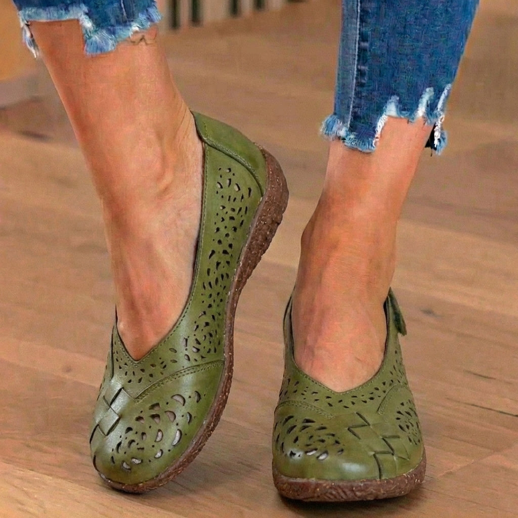 Orthopedic Leather Slingback Wedges - Perforated Floral Cutout Pattern