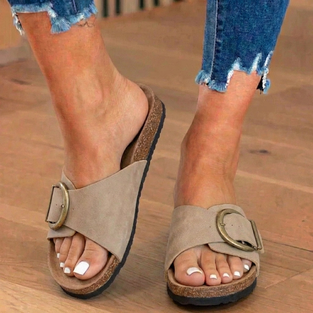 Orthopedic Leather Cork Slide Sandals - Oversized Buckle Detail