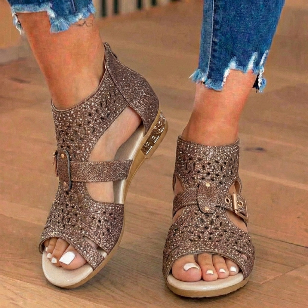 Orthopedic Glitter Gladiator Wedge Sandals - Multi-Strap Geometric Cutout