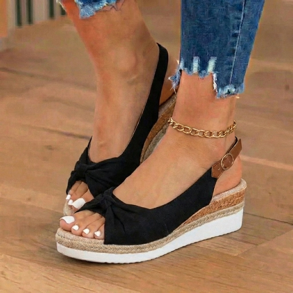 Orthopedic Knot-Front Espadrille Wedge Sandals - Ankle Buckle Strap