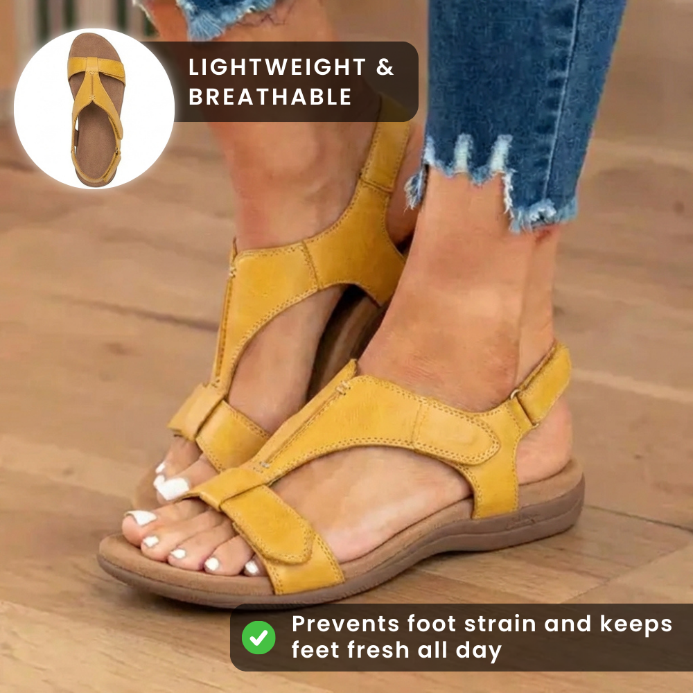 Orthopedic Leather Ankle-Strap Sandals - Contoured T-Bar Cork Footbed